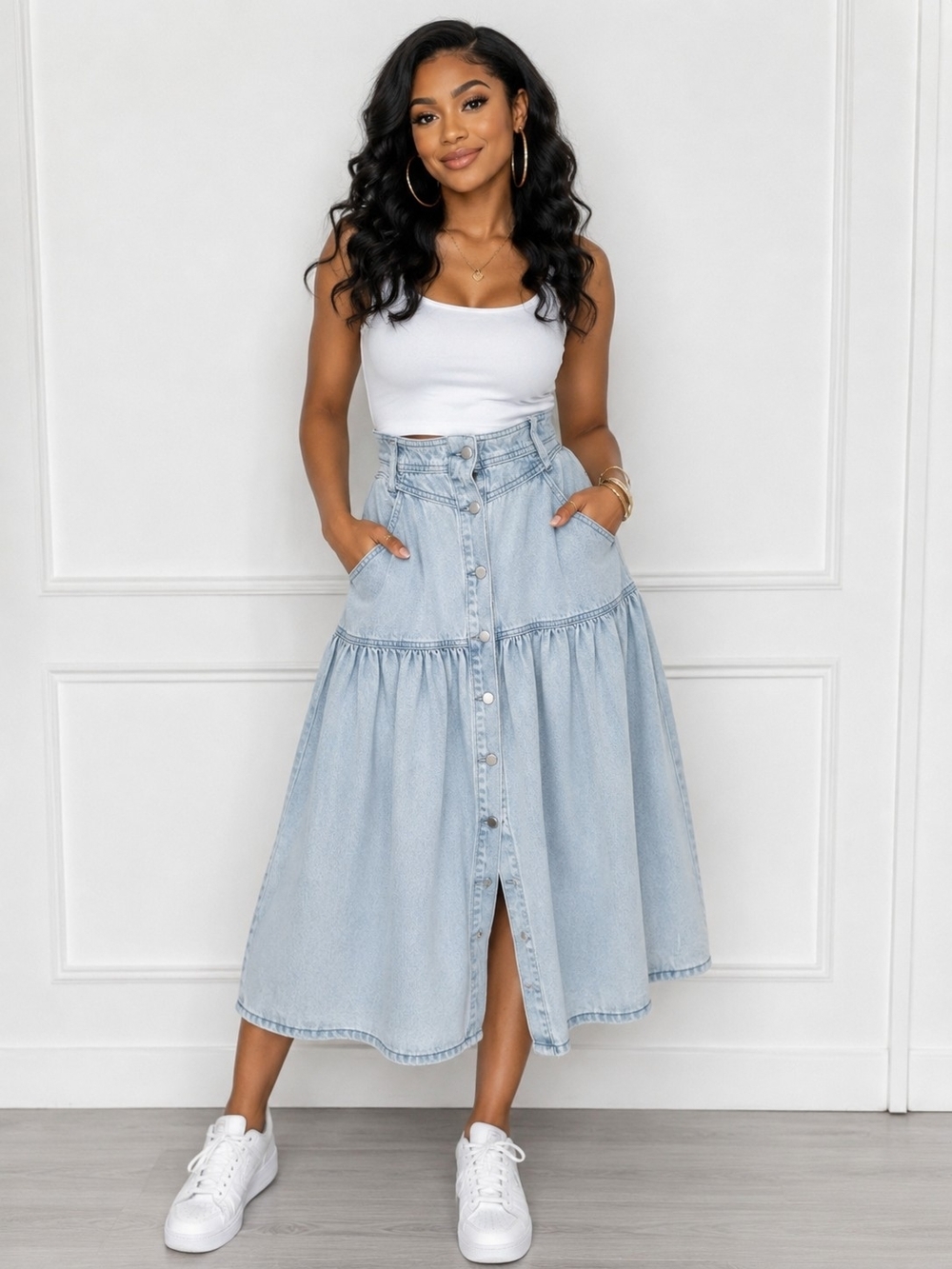 Women’s Light Wash Button-Front Denim Midi Skirt – High-Waisted A-Line Skirt